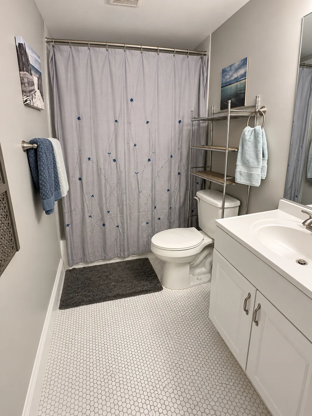 Bathroom vanity, toilet and tub with shower curtain